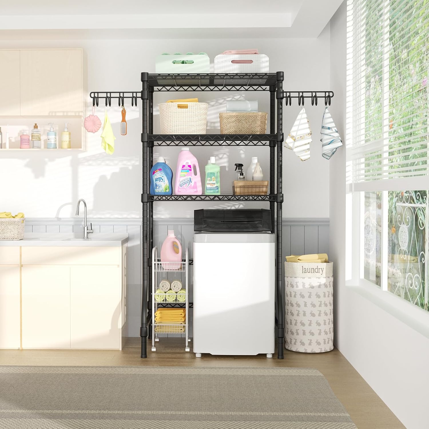 Ulif U8 Laundry Room Storage Organizer, Over The Washer and Dryer Storage Shelves for Laundry Organization, 35" W x 17.3" D x 76.2" H, Suit Washing Machine Width Within 32.6", Hold 304 lb, Black - NestledHome