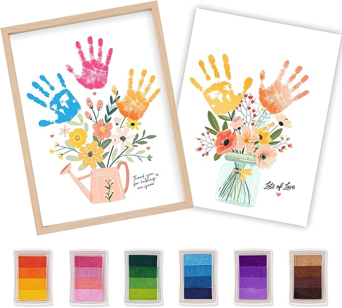 Totomogug Handprint Flower Bouquet Art Kit – 2 Large Sheets (12"x16") with Wood Frame, Non-Toxic 6-Color Inkpad, DIY Keepsake Craft Gift for Mom & Grandma for Mother's Day Birthday Thanksgiving
