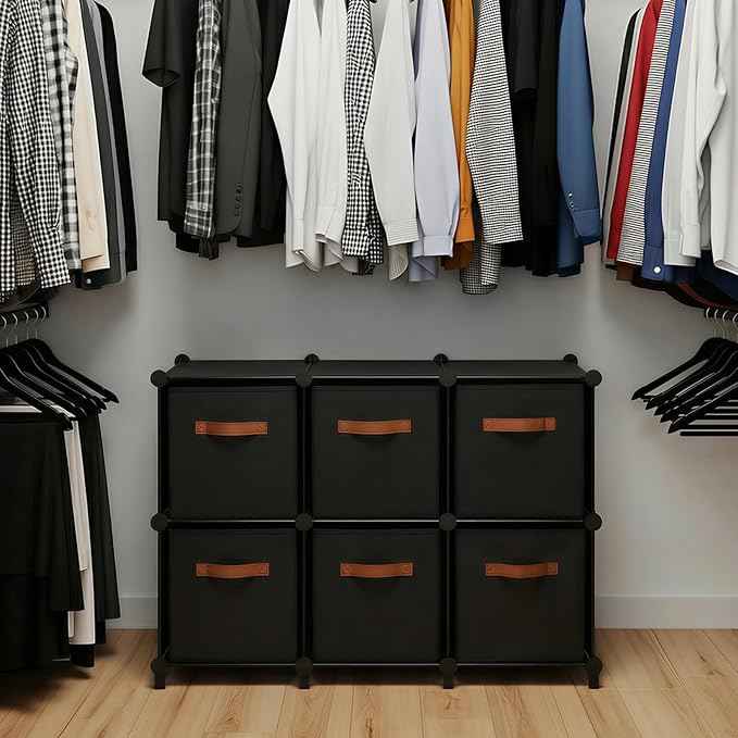 Cube Storage Organizer with Storage Bins, 6-Cube Shelves Units with 6 Organizer Bins, DIY Plastic Storage Shelves with Mallet, Closet Clothes Storage Shelves for Home, Bedroom, Living Room