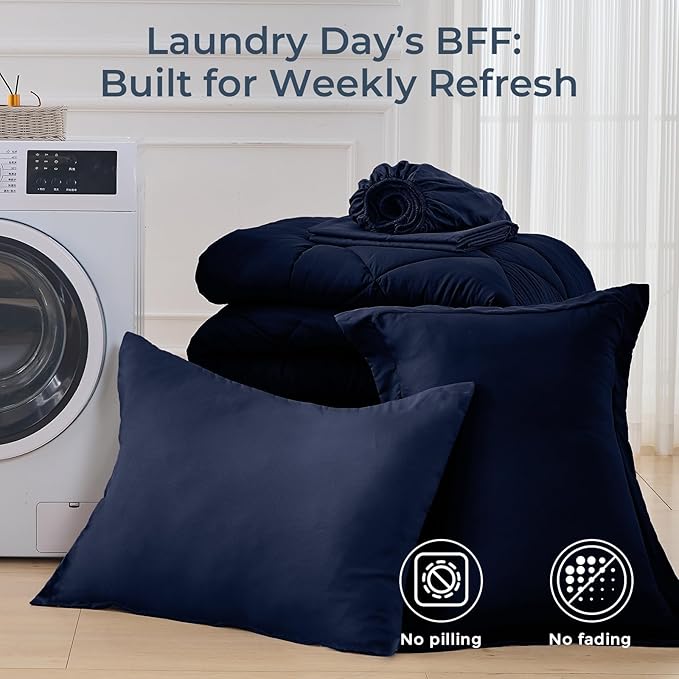 HEVUMYI Navy Blue Twin-XL Comforter Set - 5-Piece All Season Bed in a Bag Twin-XL, Ultra Soft Bedding Set with Comforter, Flat Sheet, Fitted Sheet, Pillowcases, Pillow Shams, Navy Blue