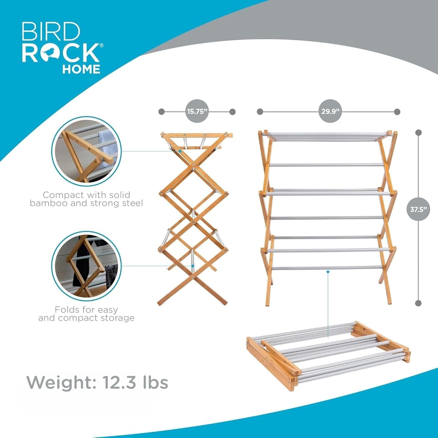 BirdRock Home Wooden Clothes Drying Rack | 3-Tier Foldable Bamboo Laundry Stand | Water-Resistant, Fully Assembled, Collapsible Indoor/Outdoor Dryer for Hanging Clothes | Grey - NestledHome