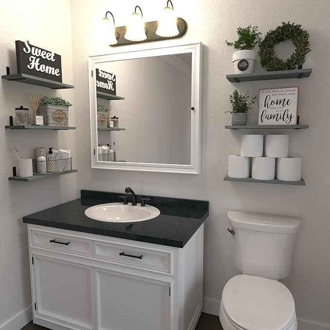 WOPITUES Wood Floating Shelves Set of 6, Shelves for Wall Decor, Farmhouse Shelf for Bedroom, Bathroom Storage Shelves, Book Shelves for Living Room-Grey