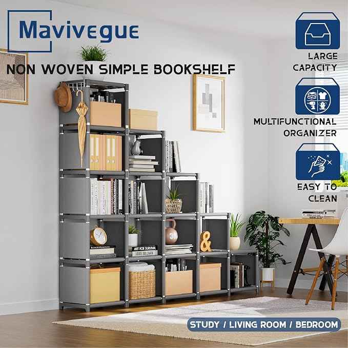 Mavivegue Book Shelf, 16 Cube Storage Organizer, DIY Bookcase, Metal Cube Bookshelf,Tall Book case for Bedroom, Living Room,Office,Closet Storage Organizer, Grey Cubicle Storage Rack