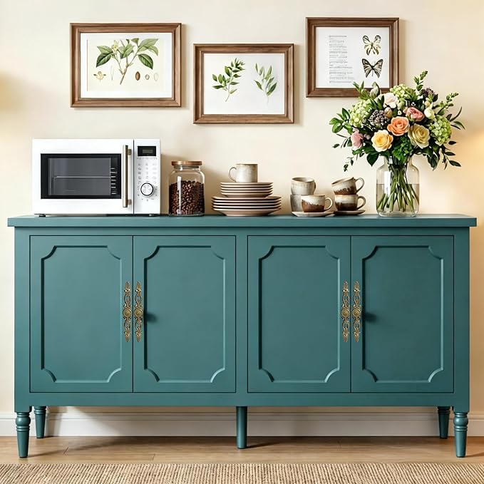 RoyalCraft 59" Buffet Cabinet with Storage, Vintage Sideboard with Adjustable Shelves & Carved Handle, Mid Century Modern Painted Credenza Coffee Bar for Kitchen, Dining Room, Turquoise Blue