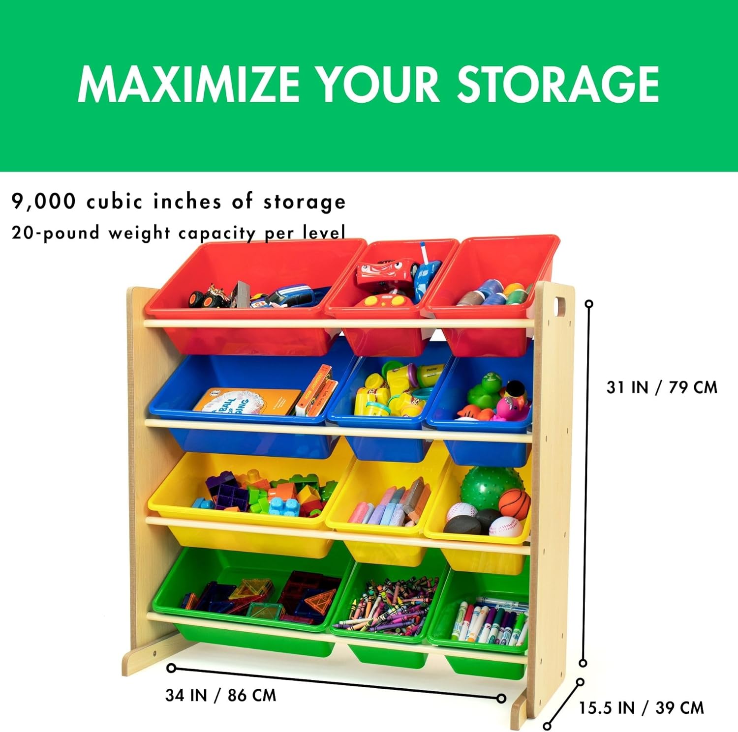 Humble Crew, Natural/Primary Kids' Toy Storage Organizer with 12 Plastic Bins, 34*35*15.5inch - NestledHome