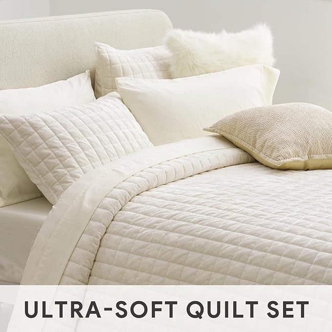 RECYCO Luxury Velvet Quilt Set, California King 118'' x 106'' Oversized Bedspread, Ultra Soft Velvet Comforter, Lightweight Box Stitch Bedding Sets for All Season, with 2 Shams, Cream White