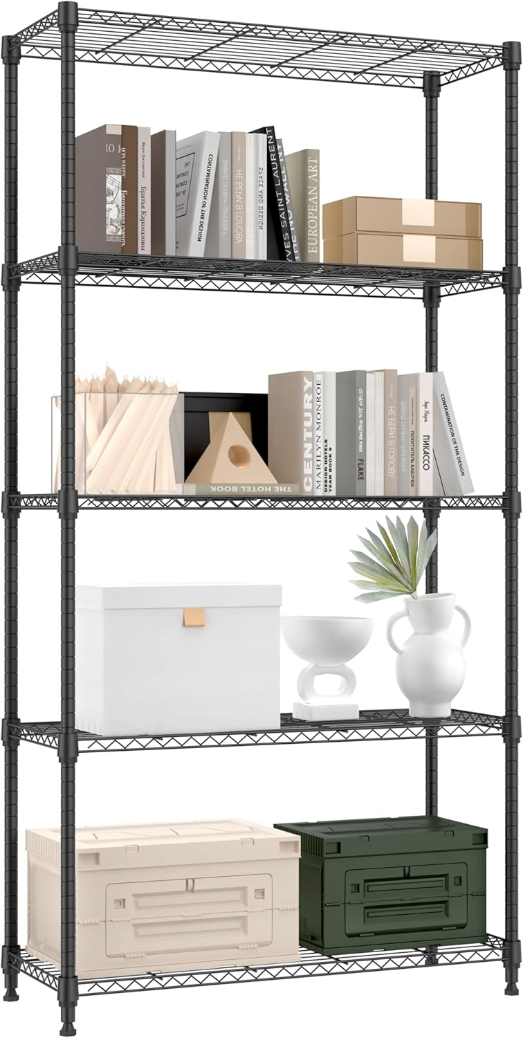 1250 lbs 5 Tier Shelf Metal Storage Shelves Shelving Wire Rack Heavy Duty Closet Organizers for Garage Kitchen Bathroom Laundry Black 13.8" D x 35.4" W x 68.5" H - NestledHome