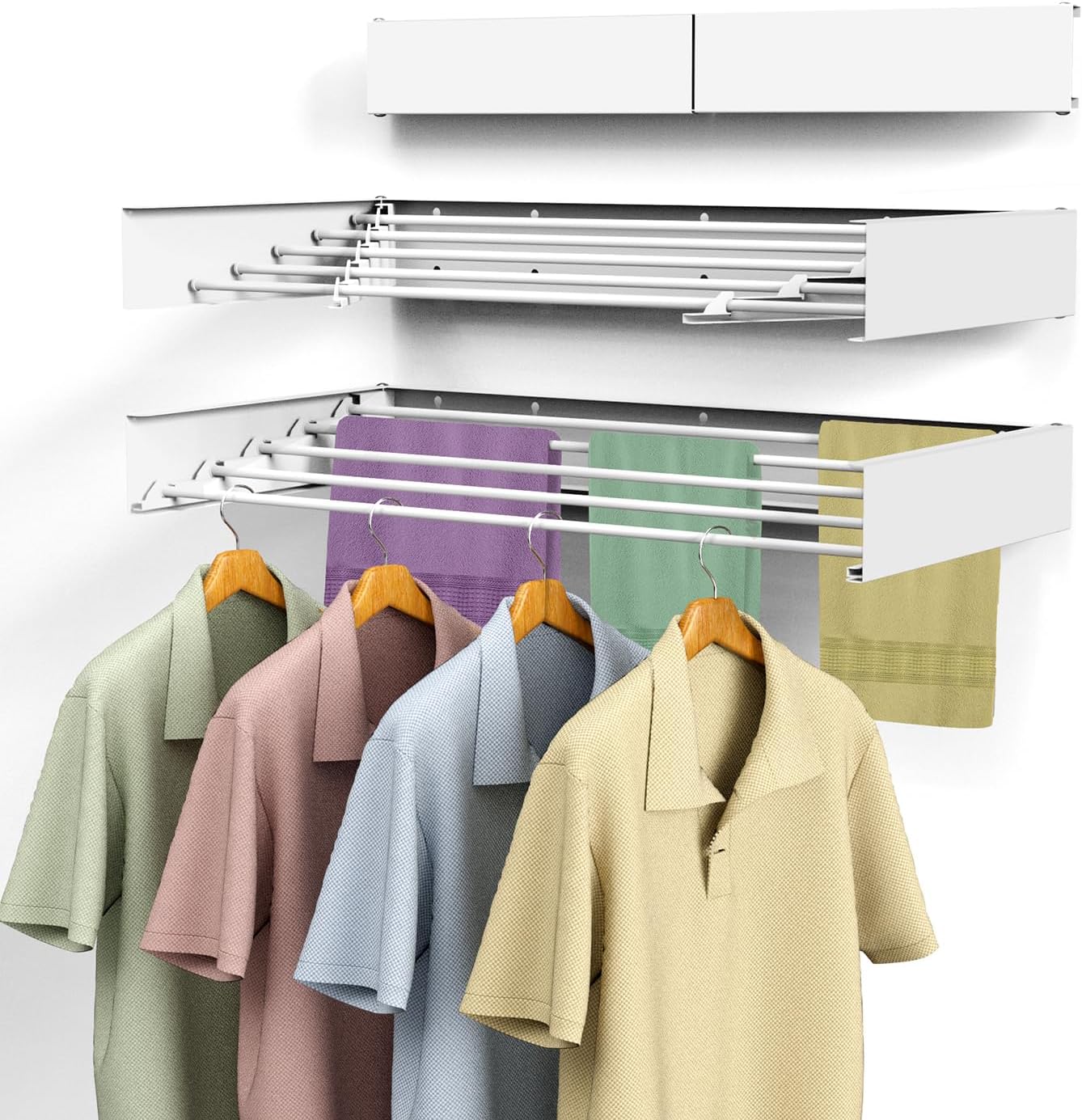 Laundry Drying Rack, Collapsible Wall Mounted Clothes Drying Rack - Drying Rack Clothing Foldable,Space Saving, 31.5" Wide, 13.2 Linear Ft, 5 Aluminum Rods, 60 lb Capacity (White, 31.5") - NestledHome