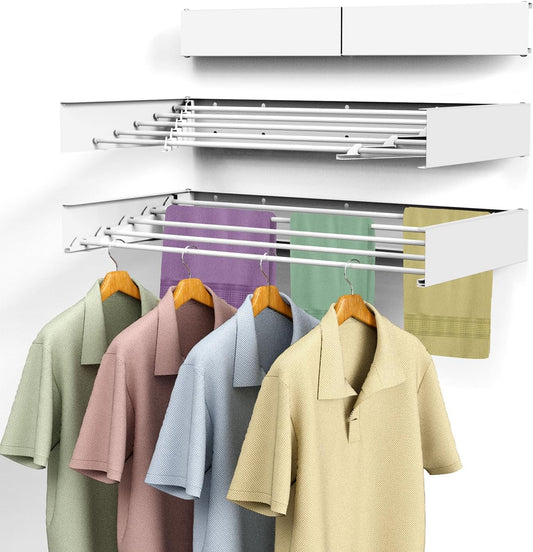Laundry Drying Rack, Collapsible Wall Mounted Clothes Drying Rack - Drying Rack Clothing Foldable,Space Saving, 31.5" Wide, 13.2 Linear Ft, 5 Aluminum Rods, 60 lb Capacity (White, 31.5") - NestledHome