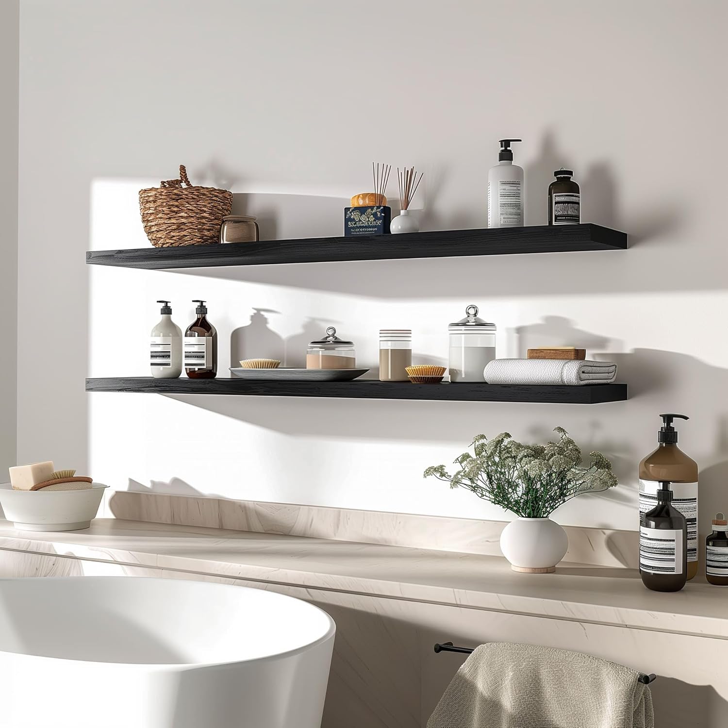 Wood Floating Shelves for Wall Decor, Rustic Wall Shelves for Bedroom Bathroom Kitchen Living Room, Set of 4 Black 48 Inch - NestledHome