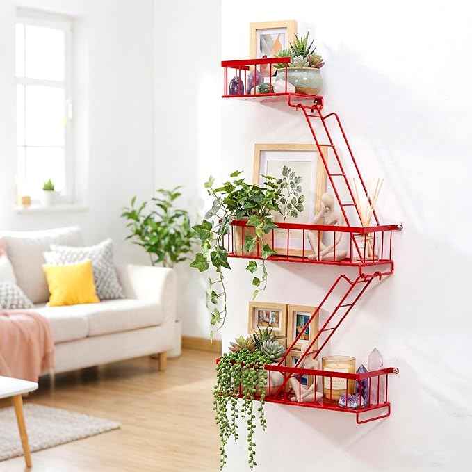 Fire Escape Shelf Red, Urban City Wall Art Decorative Action Figure Metal Display with Mini Ladder Shelf for Home Decor, Red 2.5 Tier