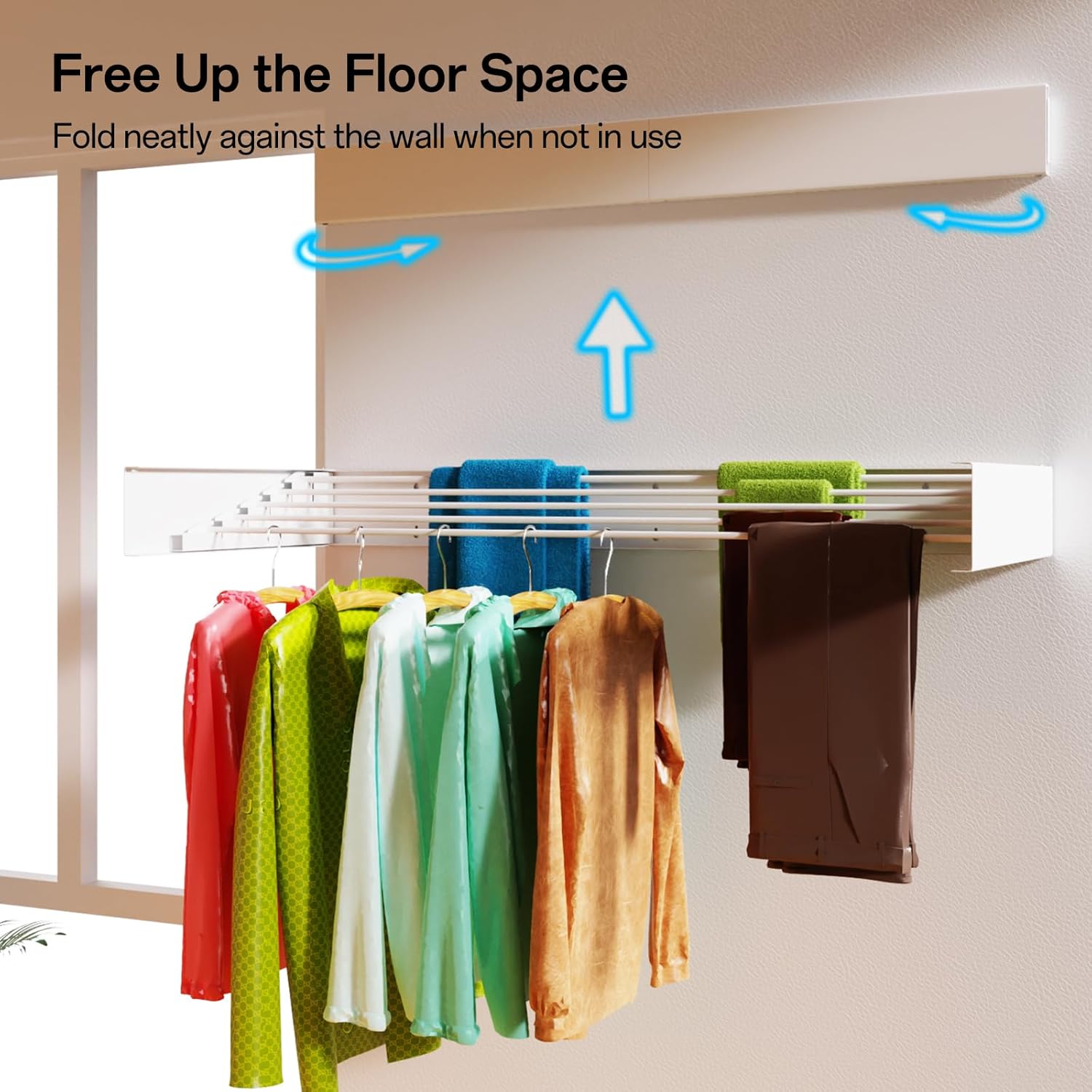 Wall Mounted Drying Rack for Laundry 40'', Folding Drying Rack Clothing Wall Mount with 5 Rods, Space Saving for Indoor Outdoor Bathroom Balcony (White, 40'') - NestledHome