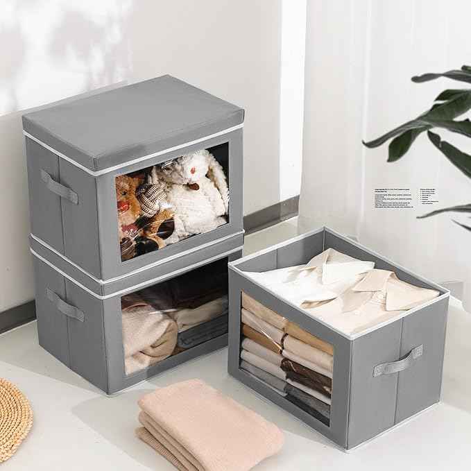 Large Storage Bins with Lids - Fabric Storage Cubes with Window, Collapsible Bins for Clothes, 15.7 Inch Large Baskets for Bedroom, Dorm, Office, Grey, 6 Pack