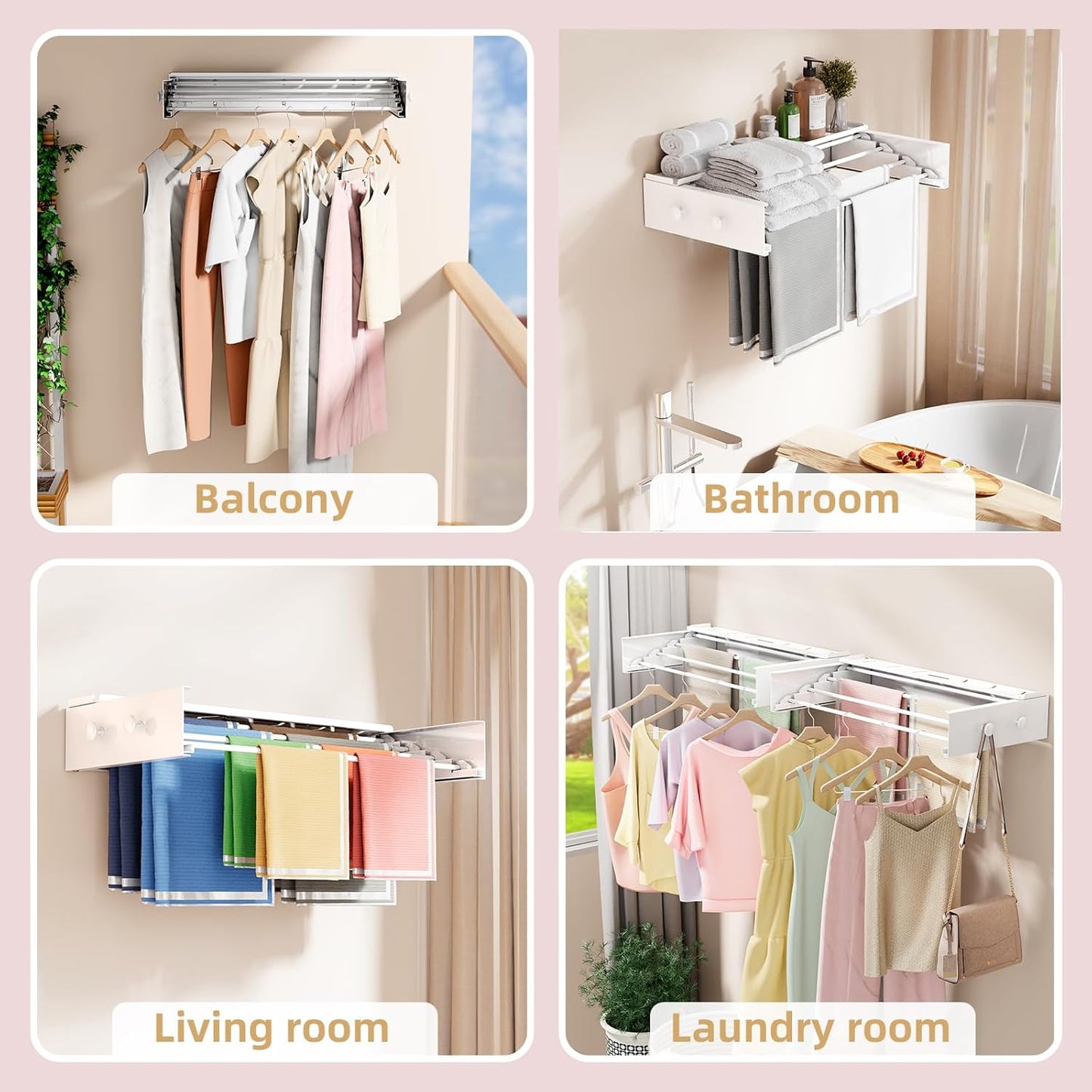 Wall Mounted Drying Rack with 4 Hooks and Shelf, Foldable Clothes Drying Rack for Laundry Room, Collapsible Laundry Rack Wall Mount, for Indoor Outdoor Hanging Clothes, 23.6 Inch - NestledHome