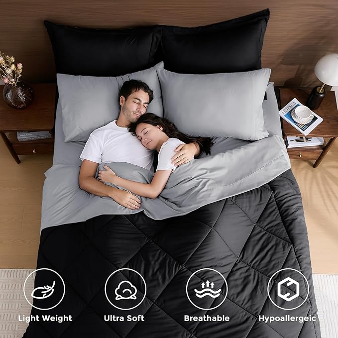 HEVUMYI Twin Comforter Set - 5-Piece All Season Bed in a Bag Twin, Ultra Soft Bedding Set with Comforter, Flat Sheet, Fitted Sheet, Pillowcases, Pillow Shams, Black & Light Grey