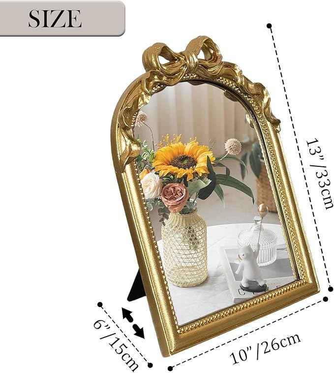 Vintage Vanity Desk Mirror - 13x10 Inch Wall-Mounted & Tabletop Decorative Ornate Gold Accent Retro Makeup Mirror for Bedroom Dresser Bathroom Living Room Dorm(Gold, 13" L x 10" W Bow)