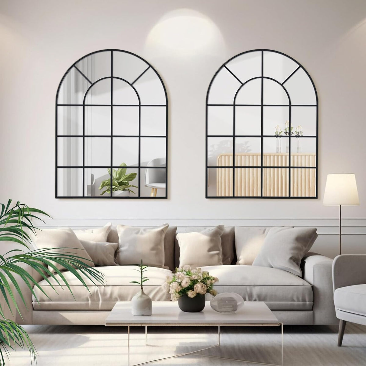 Arched Windowpane Wall Mirror 30"x48" Black Wall Mounted Art Pane Mirror Farmhouse Decorative Mirror Leaning Hanging Wall Mirror for Bedroom Living Room Entrance Hallway Wall Decor
