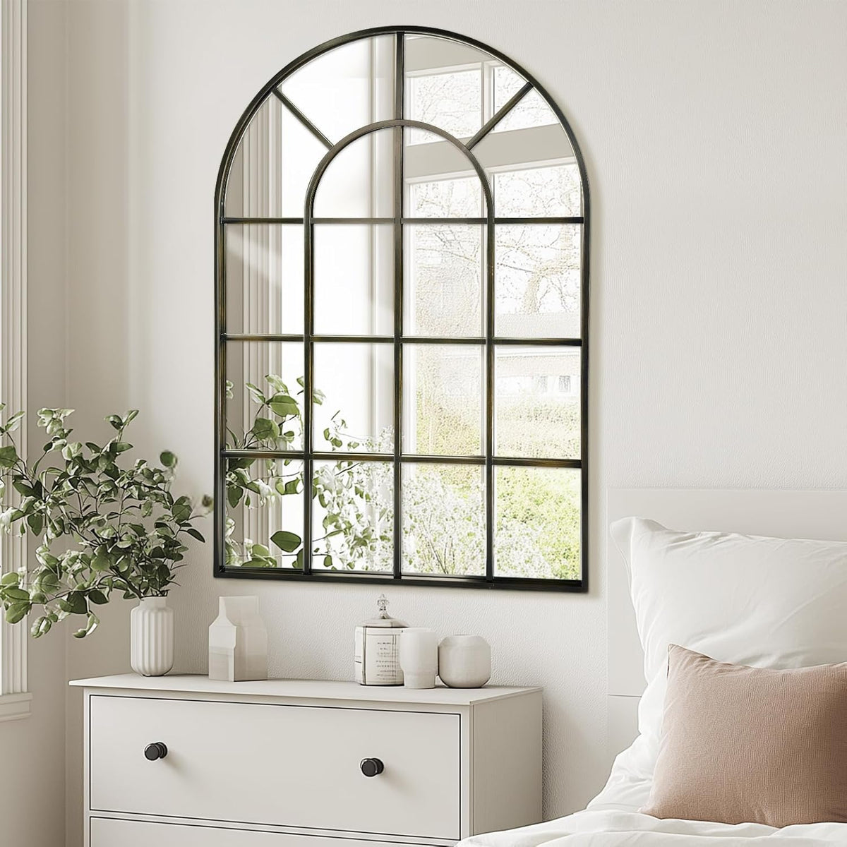 Arched Windowpane Wall Mirror 30"x48" Bronze Wall Mounted Art Pane Mirror Farmhouse Decorative Mirror Leaning Hanging Wall Mirror for Bedroom Living Room Entrance Hallway Wall Decor