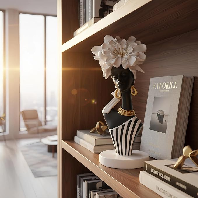 African Woman Art Sculpture with White Flower Crown, Black and White Art Statue,Elegant African-Inspired Art Gift Suitable for Various Settings Such as Home, Bookshelves, desks, or Offices