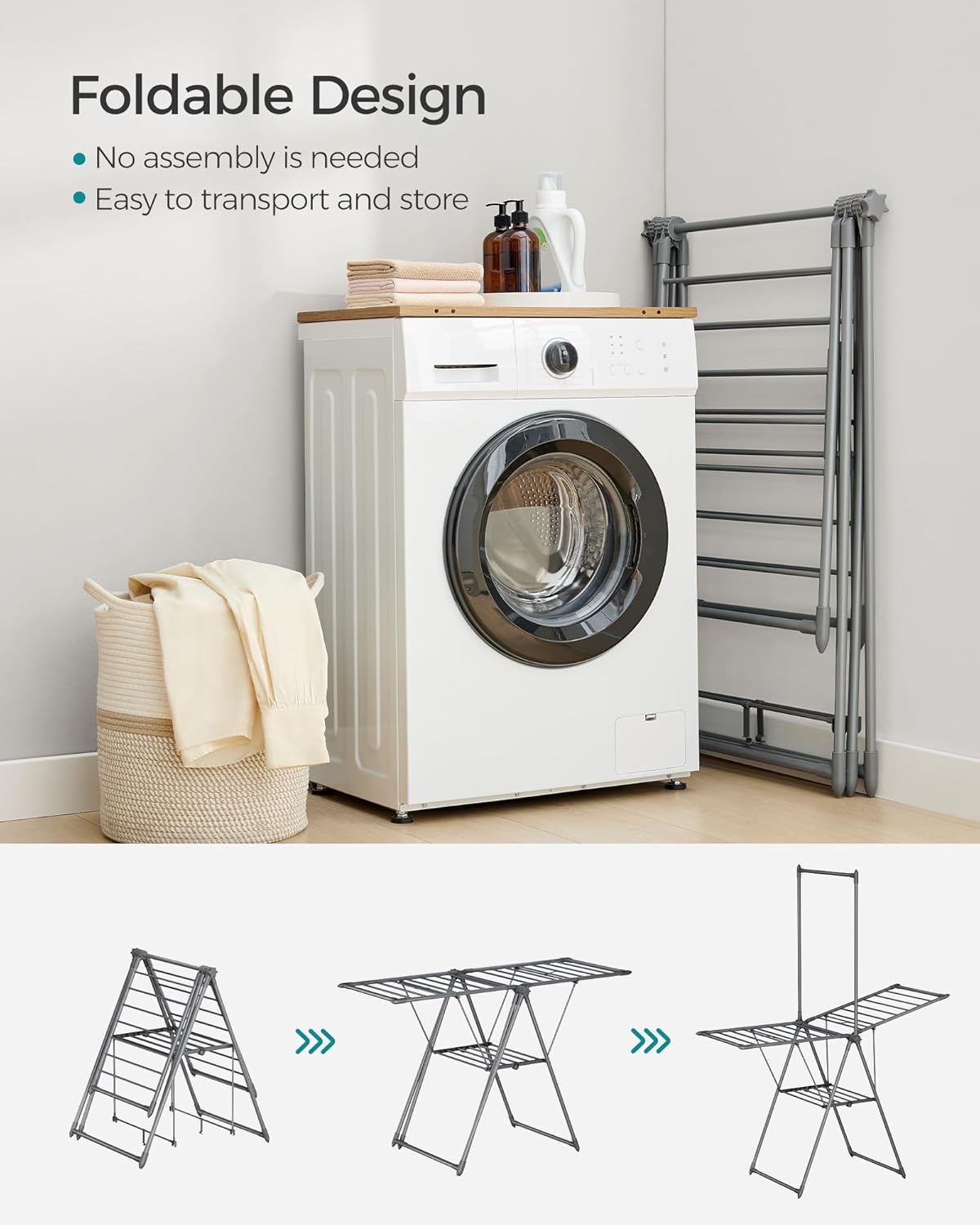 SONGMICS Clothes Drying Rack, Foldable 2-Level Laundry Drying Rack, Free-Standing Airer, 1 Additional Tall Hanging Bar, 2 Height-Adjustable Wings, 24 Drying Rails, Space Savng, Gray ULLR521G01 - NestledHome