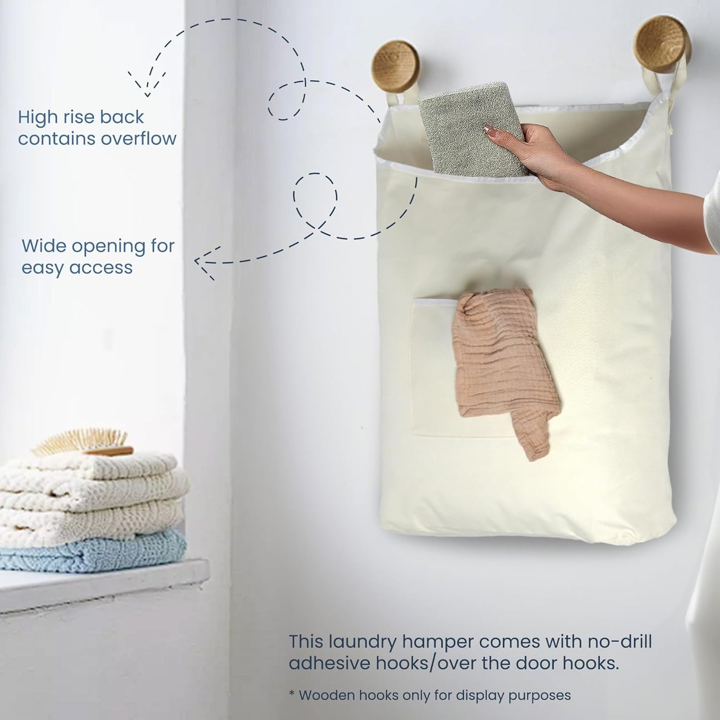 The Fine Living Co. Hanging Laundry Hamper with Over Door Hooks & Adhesive, Durable Space Saving Laundry Bag with Zipper and Wide Open Top, Hanging Dorm Laundry Hamper 18"x4.75"x28" (Beige-L) - NestledHome