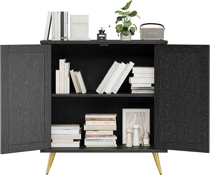 Shintenchi Rattan Buffet Cabinet with Storage, Sideboard Buffet Cabinet with Rattan Decor Doors, Modern Wood Cupboard for Kitchen Living Room Dining Room Hallway Entry,Black