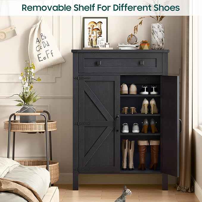 Vabches Shoe Storage Cabinet, 5-Tier Farmhouse Shoe Cabinet with Adjustable Shelves & Drawer, Wooden Shoes Rack Cabinets Storage Organizer with Doors for Entryway, Hallway, Closet, Living Room, Black