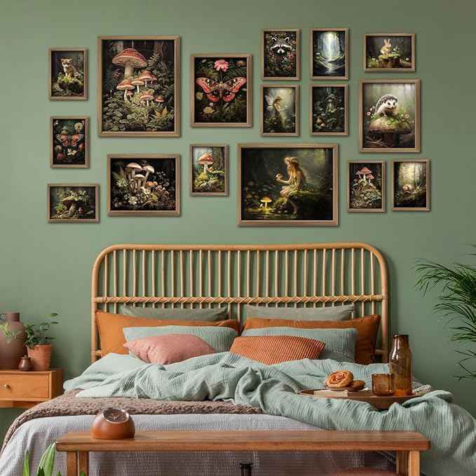 ANERZA 16 PCS Framed Dark Cottagecore Wall Art Decor, Cottage Core Wall Prints for Bedroom, Gallery Wall Frame Set, Fairycore Posters for Living Room Aesthetic, Nature Forest Mushroom Dorm Home Decor