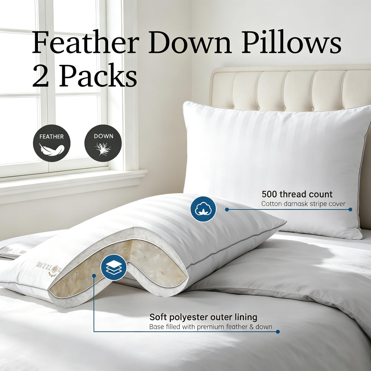 White Striped Feather & Down Pillows Standard Size Set of 2 (2 Count)