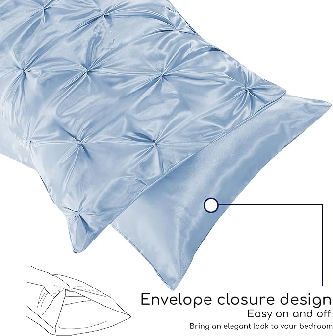 MR&HM Satin Comforter King 7 Pieces - Luxurious Pinch Pleat Bedding Set with Comforter, Flat Sheet, Fitted Sheet, Pillowcases & Shams, Super Silky Soft Bed Set for All Season (King, Blue Haze)