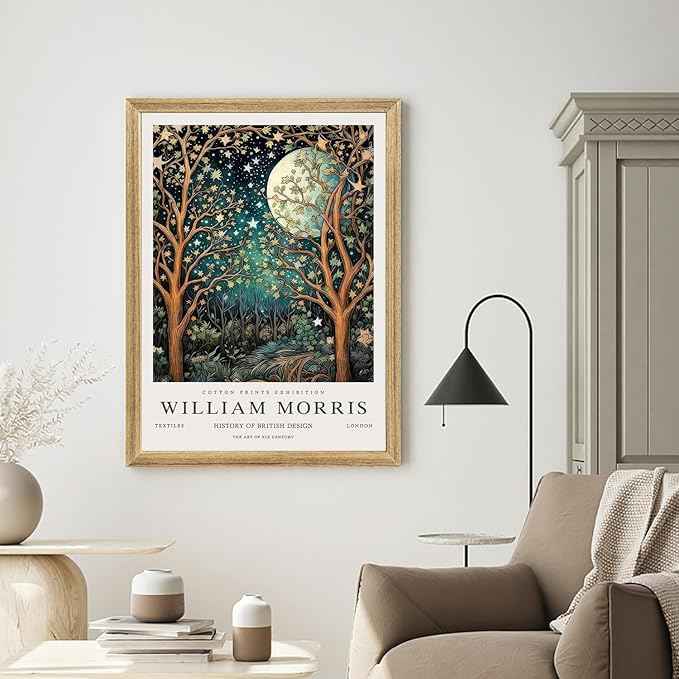 Hianan William Morris Canvas Wall Art, Vintage Gold Moon Stars Poster Prints, Many Dreamlike Stars Wall Decor, Retro Botanical Aesthetic Picture for Bedroom Living Room Office Wood Framed 12"x16"x3