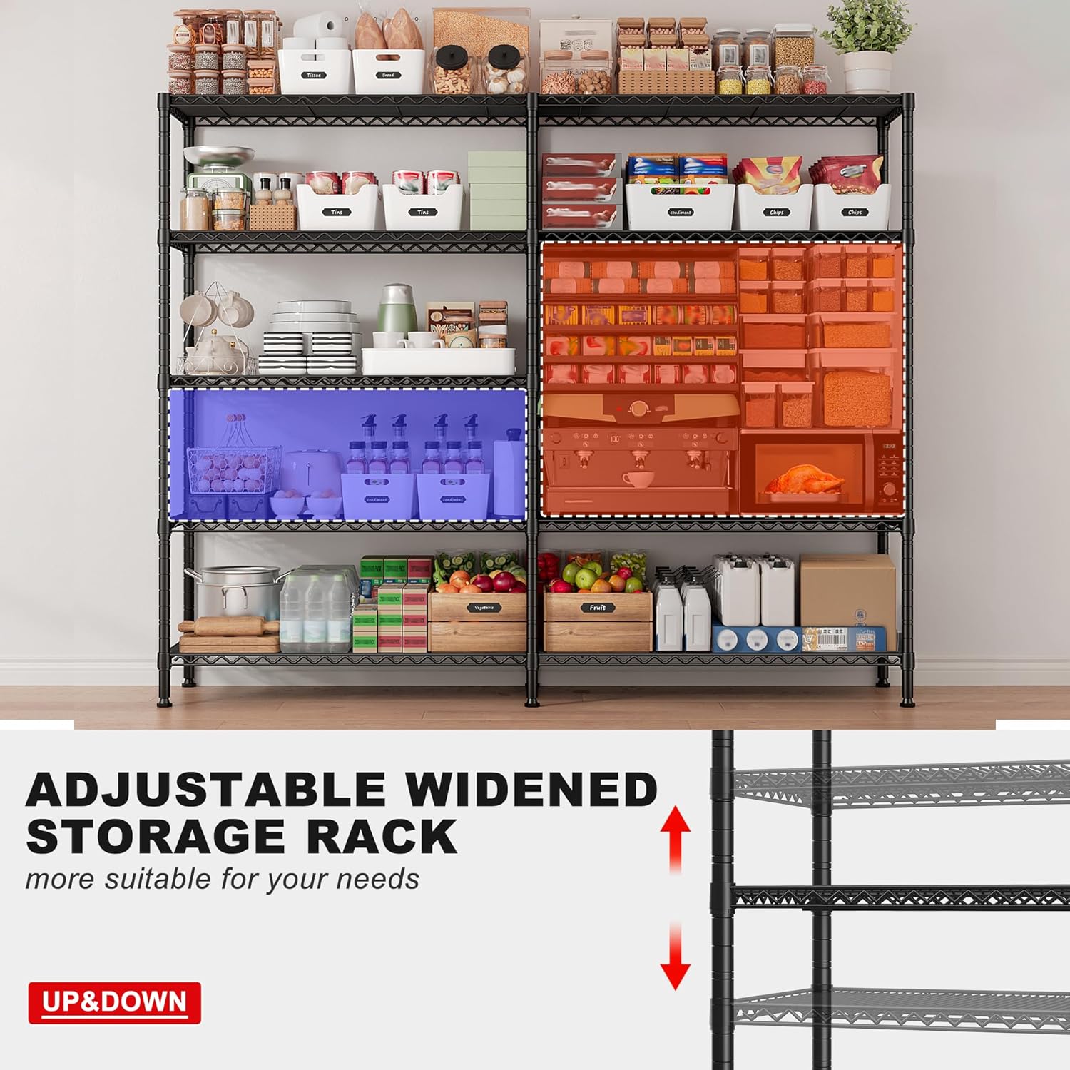 REIBII 1500LBS Storage Shelves Metal Shelving Unit 61.7''W Wire Shelving, 5 Tier Pantry Shelves Kitchen Shelves Adjustable Wire Shelf for Garage Shelving Heavy Duty, 61.7" W*72.4" H*15.8" D - NestledHome