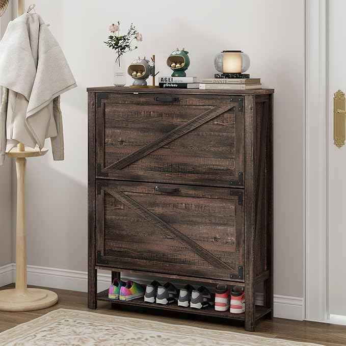 Vabches Shoe Storage Cabinet, Farmhouse Freestanding Organizer with 2 Flip Drawers, Wooden Hidden Narrow Slim Shoe Rack Cabinet for Entryway, Hallway, Foyer, Dark Oak