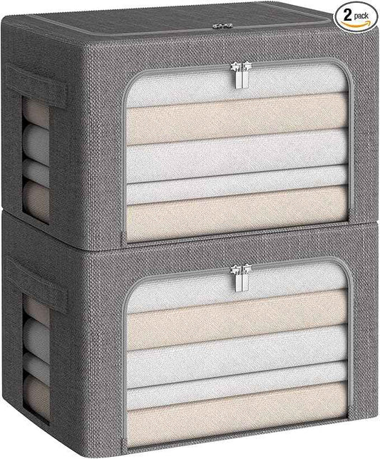 CYhom Clothes Storage Bins Box - Linen Fabric Foldable Stackable Container Organizer Set with Clear Window & Carry Handles & Metal Frame (Dark Gray, Medium-36L)