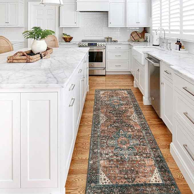 Moynesa Ultra-Thin Washable Runner Rug - 2x7 Kitchen Runner Stain Resistant Hallway Mat, Non-Slip Non-Shedding Bathroom Laundry Carpet Runner for Front Door Bedside Camper, Brick Red/Dull Teal