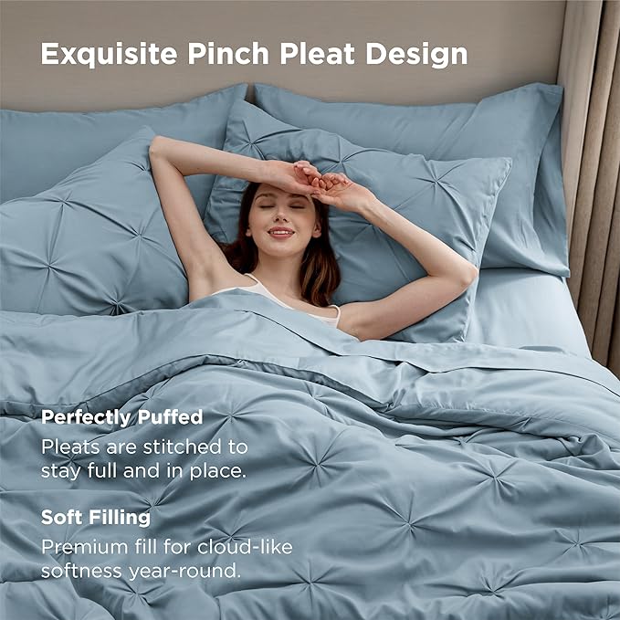 Bedsure Full Comforter Set Light Blue - Bed in a Bag Full Size Bedding Set 7 Pieces, GentleSoft™ Pintuck Bed Set Gift for Family, Pinch Pleat All Season Comforter with Sheets, Pillowcases & Shams