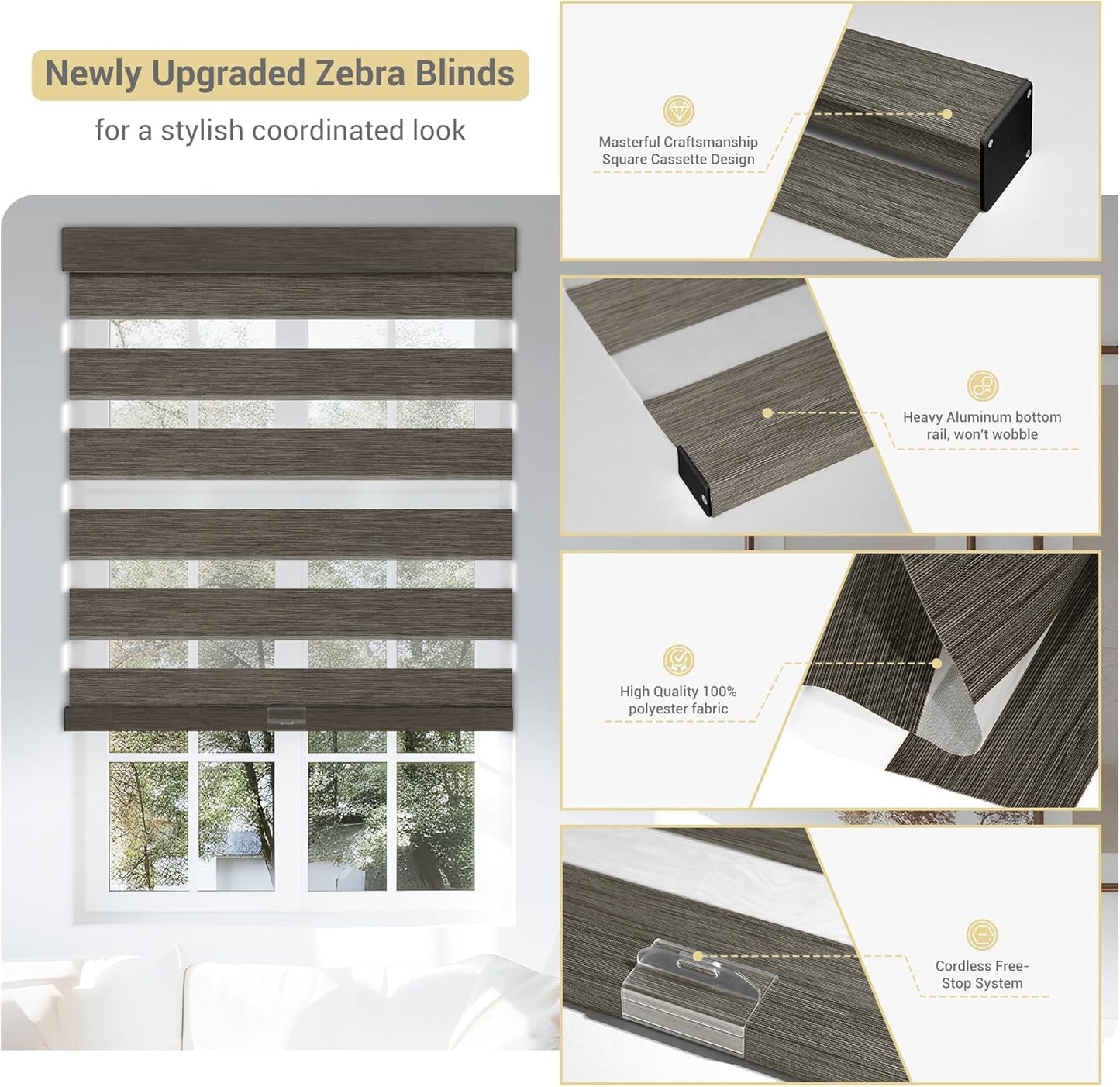 Cordless Zebra Blinds for Windows, Blackout Interior Blinds,Easy to Install,UV Protection,for Offices and Home,Custom Roller Shades, Mousse Dark Bown,55" W x 64" H
