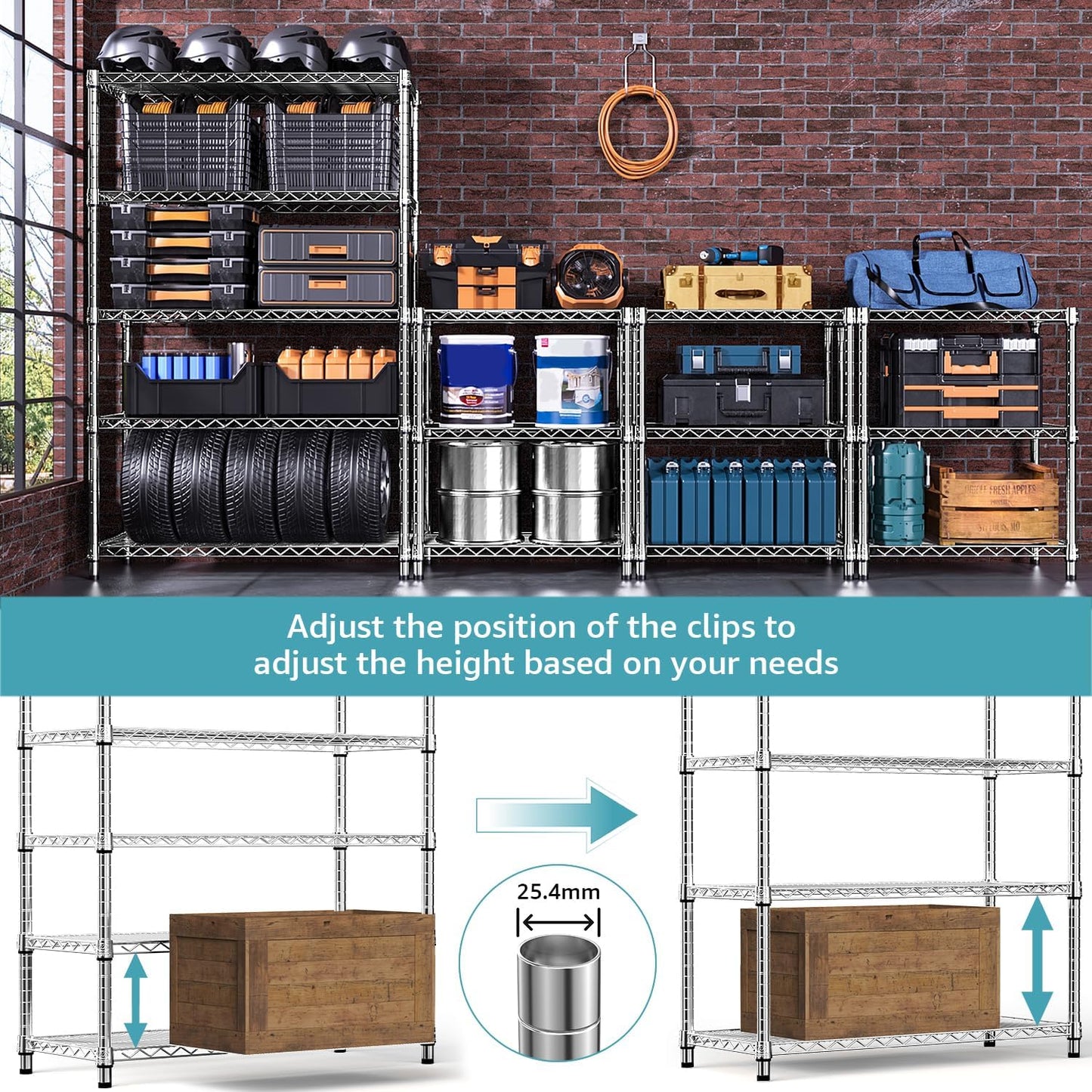 Steel Storage Shelving 6-Tier Utility Shelving Unit with Wheels, Steel Organizer Wire Rack for Home,Kitchen,Office,Garage,17.7" D x 47.2" W x 76.7" H - NestledHome