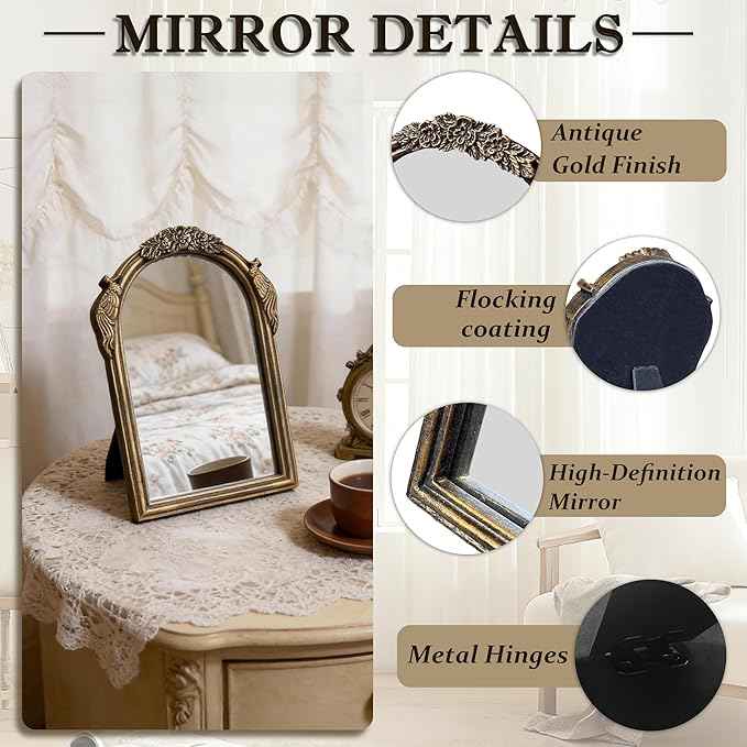 Vintage Vanity Desk Mirror -10x7Inch Wall-Mounted & Tabletop Decorative Ornate Gold Accent Retro Makeup Mirror for Bedroom Dresser Living Room Bathroom Dorm Champagne Gold