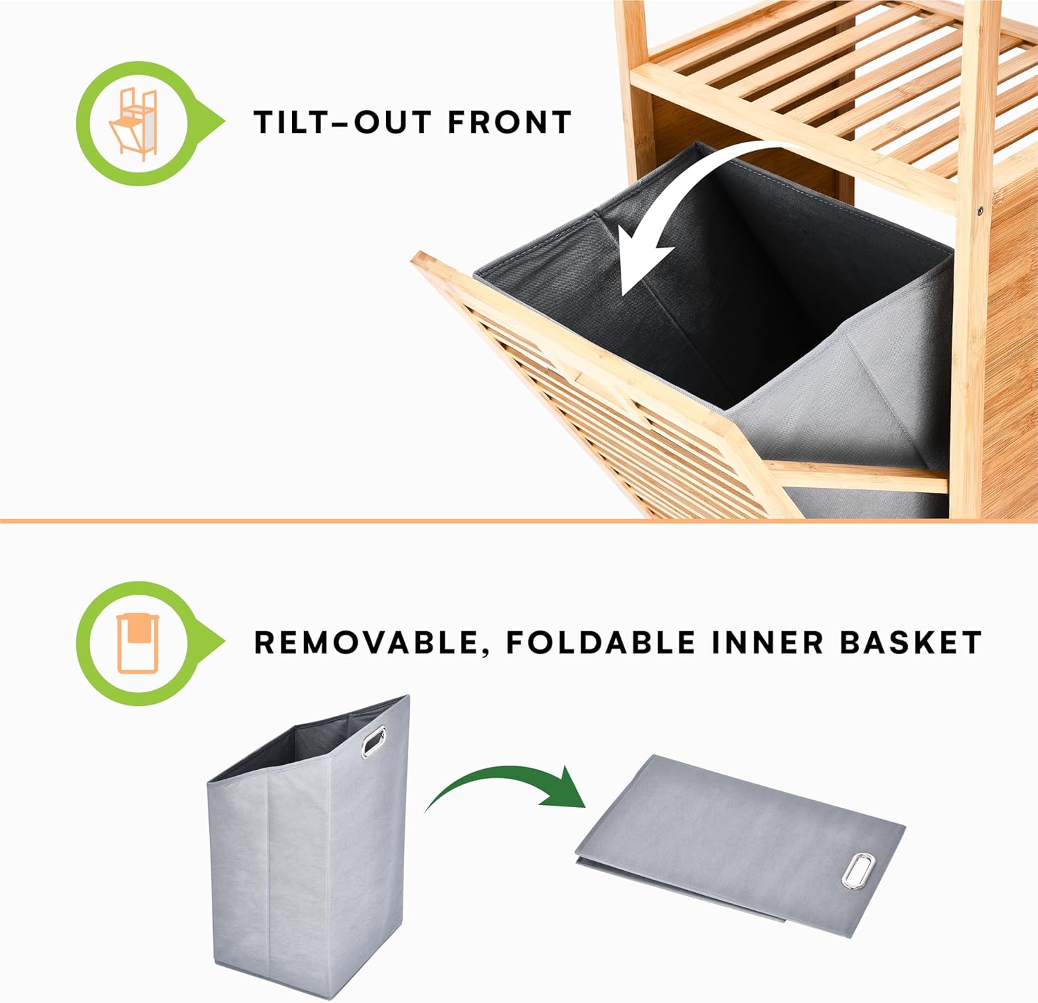 Prosumer’s Choice Bamboo Tilt-Out Laundry Hamper with 2-Tier Storage Shelves – Freestanding Clothes Hamper with Removable Liner, Space-Saving Design for Bathroom or Bedroom – 15.5”L x 11.8”W x 37.4”H - NestledHome