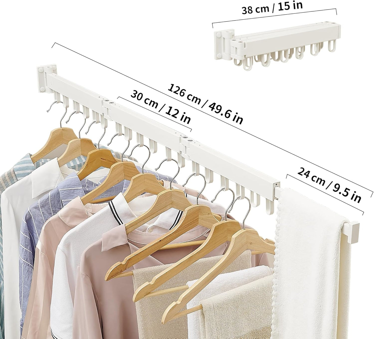 Clothes Drying Rack Wall Mounted, Laundry Drying Rack Collapsible, Space Saving Wall Drying Rack Clothing Foldable, Tri-Fold Retractable Rack Outdoor Indoor with 18 Hooks(White，Loop-Shape Hooks) - NestledHome