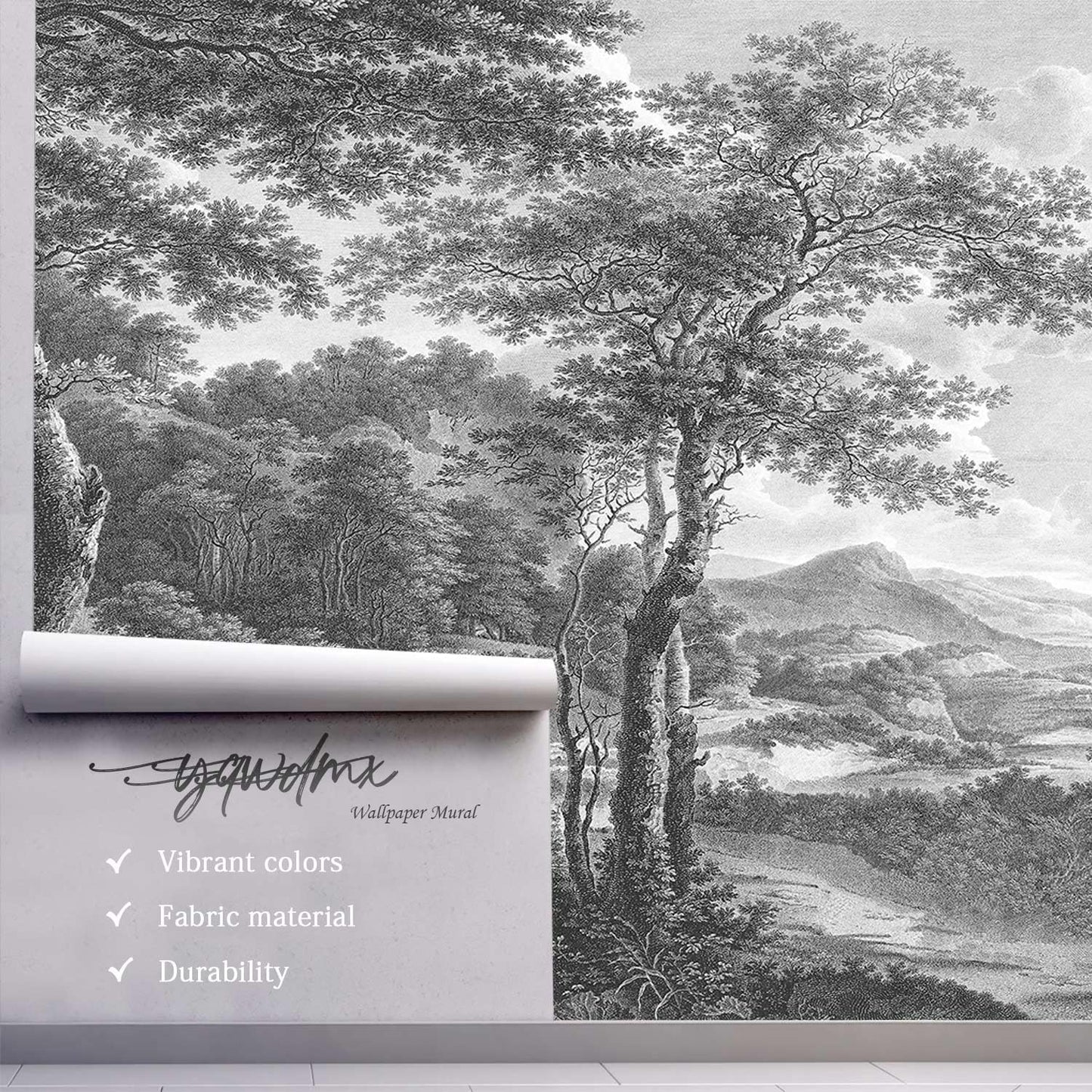 -Vintage Forest Fabric Wallpaper Grey Tree Mural Living Room 140" x 91" (Not Peel and Stick)