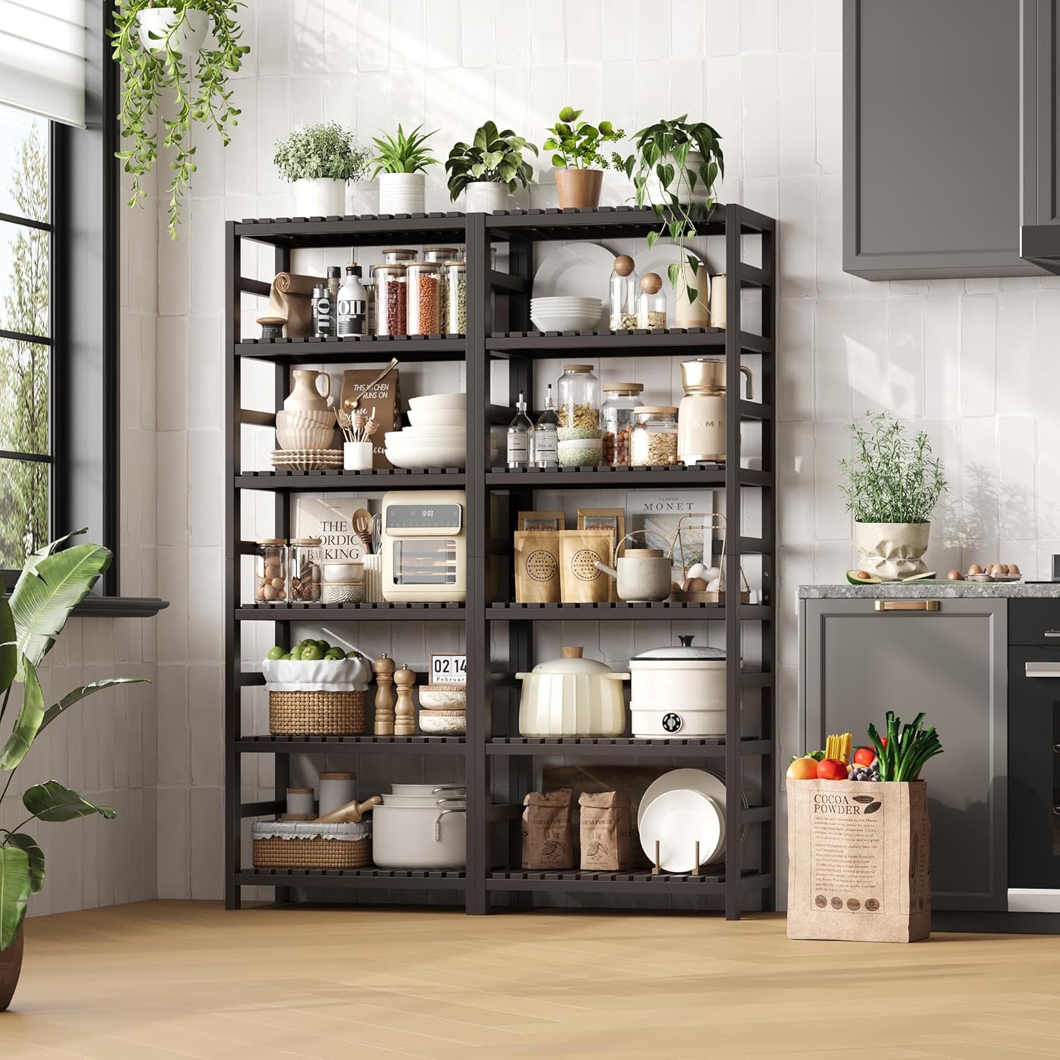 FOTOSOK 6-Tier Bamboo Shelf, Bamboo Bookcase with Adjustable Shelves, Free Standing Storage Shelf Unit, Plant Flower Stand for Kitchen, Bathroom, Home Office, Vintage - NestledHome