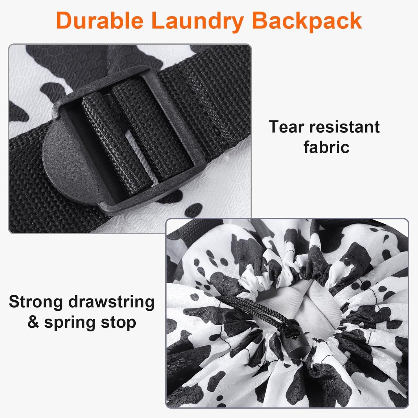 Femuar Laundry Bag Backpack Durable Laundry Bag with Shoulder Straps and Mesh Pockets Portable Laundry Dirty Clothes Hamper Bag for College Dorm (Cow Print) - NestledHome