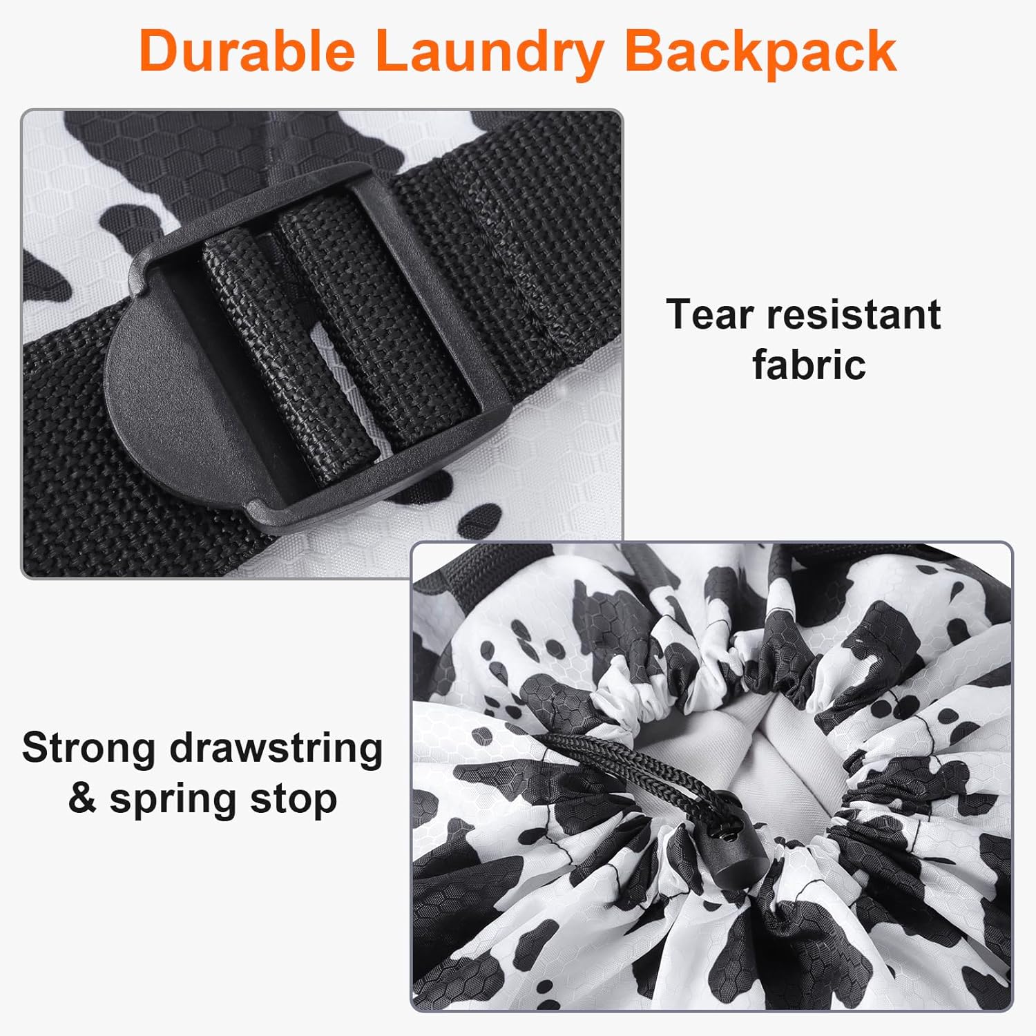 Femuar Laundry Bag Backpack Durable Laundry Bag with Shoulder Straps and Mesh Pockets Portable Laundry Dirty Clothes Hamper Bag for College Dorm (Cow Print) - NestledHome