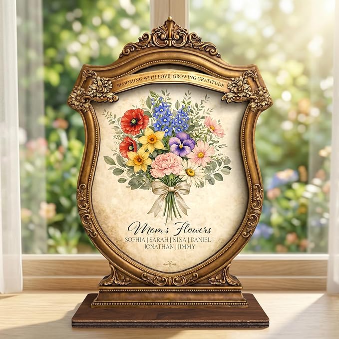 Mother Birthday Gifts from Daughter Son, Personalized Birth Month Flower Wooden Sign, Gift Mothers Day for Mom Nana Wife, Mimi Gifts for Grandma, Family Keepsake Plaque for Home Décor