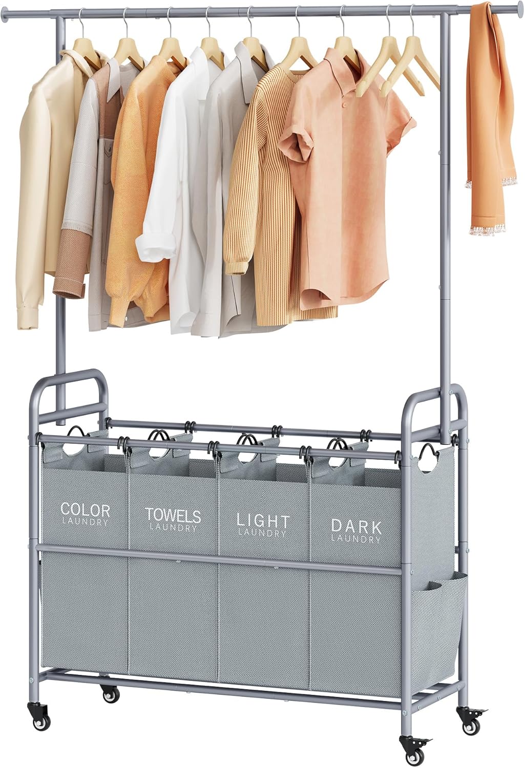 Tajsoon Laundry Sorter with Hanging Bar, 4 Section Rolling Laundry Hamper with Heavy Duty Lockable Wheels, Laundry Sorter Cart for Bathroom & Bedroom, Gray - NestledHome