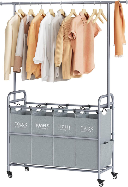 Tajsoon Laundry Sorter with Hanging Bar, 4 Section Rolling Laundry Hamper with Heavy Duty Lockable Wheels, Laundry Sorter Cart for Bathroom & Bedroom, Gray - NestledHome