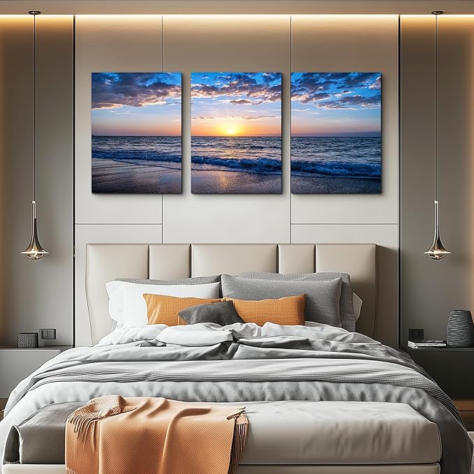Canvas Wall Art For Living Room Sunrise Blue Sea View Landscape Wall Decor Canvas Prints Artwork Ocean Ready To Hang For Modern Bedroom Bathroom Office Home Decoration 20" X 28" 3 Pieces Framed Panels