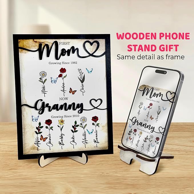 First Mom Now Grandma Wood Frame with Phone Stand Gifts Mothers Day New Grandmother Custom Grandma's Garden Plaque Birth Month Flowers Sign with Grandkids Names, Birthday Gift for Nana, Dog Cat